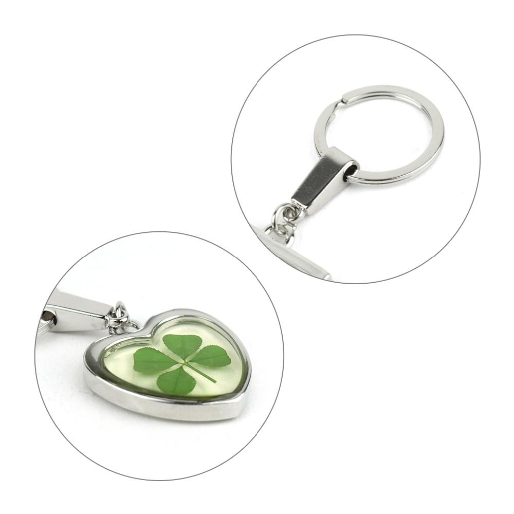 Clover Keyring - Fancy Resin Craft Art Pressed Real Four Leaf Clover Key Chain - Heart Shape