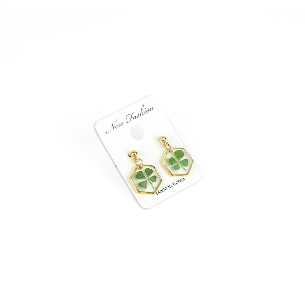 Resin Craft Earring with Four Leaf Clover Dangle Real Lucky Clover Ear Rings - Hexagon Type